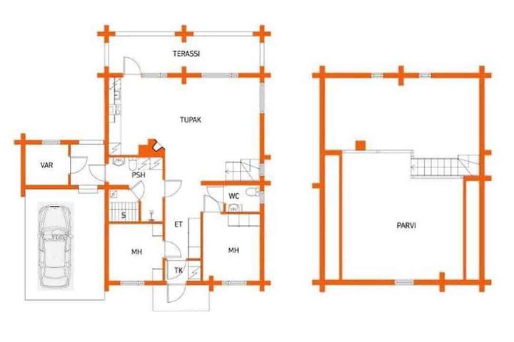 Villa The Poron pohjakuva: alakerrassa tupakeittiö, kaksi makuuhuonetta, sauna, pesuhuone, kaksi WC:tä ja terassi; yläkerrassa parvi